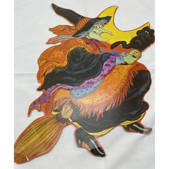 Vintage Halloween Diecut Cutout Decor 15” Witch Broom Black Cat Pumpkin - Picture 4 of 14